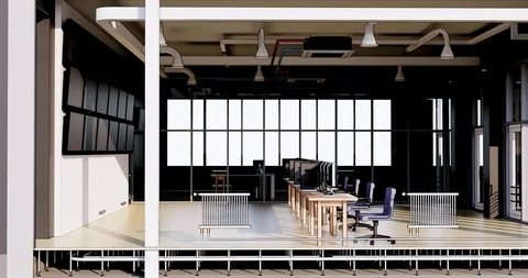 Visualization of interior space of office building without front facade wall 库存影片 117068152