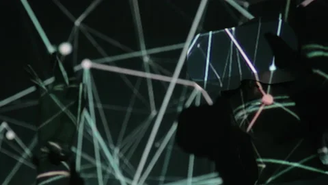 Visualization of metadata. Woman in VR glasses. Virtual reality in a helmet Stock Footage 167777223