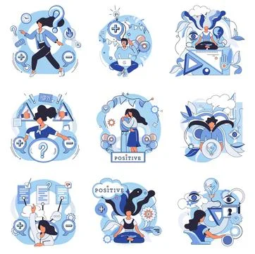 Visualization of Mindsets and Positive Thinking in Everyday Situations Illustrazione stock