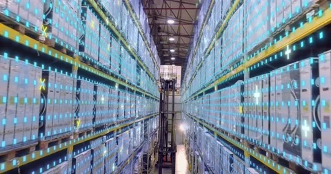 Visualization of modern technologies. Modern forklift in a warehouse. Forklift Vidéo 195979475