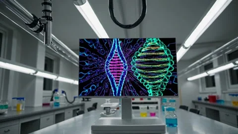 Visualization of molecular structures in modern laboratory setting showcasing DN Stock Footage 297458912