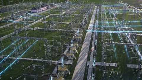 Visualization of moving energy moving through the wires of a power plant. Stock Footage 324624541