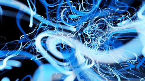 Visualization of neural network operation blue bg. Abstract lines of light Stockillustratie