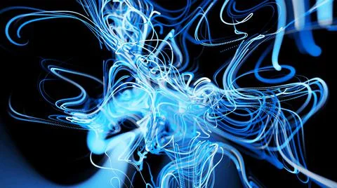 Visualization of neural network operation blue bg. Abstract lines of light Ilustración de archivo