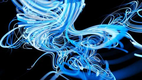 Visualization of neural network operation blue bg. Abstract lines of light Ilustración de archivo