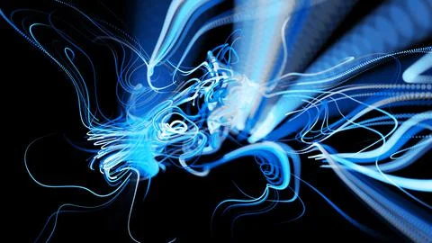 Visualization of neural network operation blue bg. Abstract lines of light Ilustración de archivo