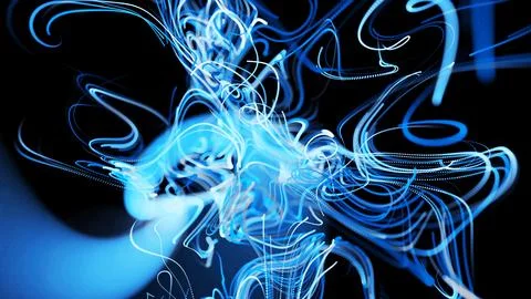 Visualization of neural network operation blue bg. Abstract lines of light Ilustración de archivo