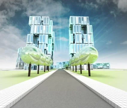 Visualization of new road to the city of future with sky illustration イラスト素材