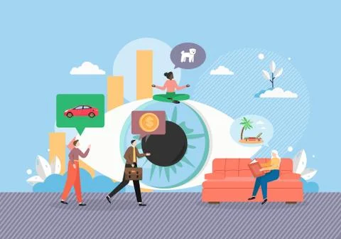 Visualization optimistic thinking dream. People wishing for car, beach travel Stock Illustration