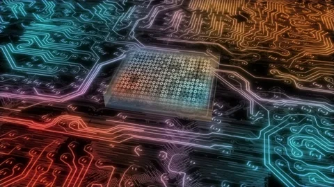 Visualization of the printed circuit board of the CPU processor, starting the Stock Footage 154413529