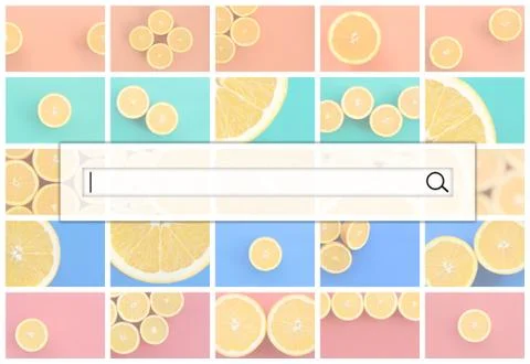 Visualization of the search bar on the background of a collage of many pictur Stock Photos