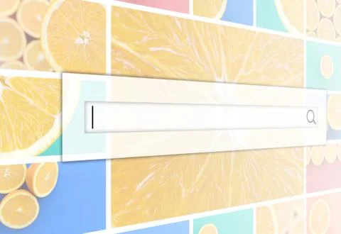 Visualization of the search bar on the background of a collage of many pictur Stock Photos