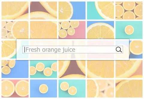 Visualization of the search bar on the background of a collage of many pictur Stock Photos