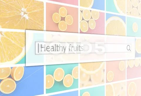 Visualization of the search bar on the background of a collage of many pictur Stock Photos