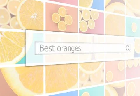 Visualization of the search bar on the background of a collage of many pictur Stock Photos