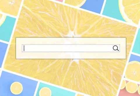 Visualization of the search bar on the background of a collage of many pictur Stock Photos