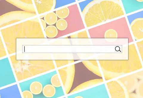 Visualization of the search bar on the background of a collage of many pictur Stock Photos