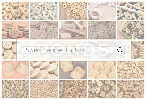 Visualization of the search bar on the background of a collage of many pictur Stock Photos
