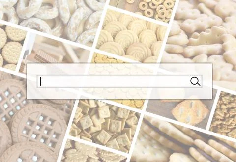 Visualization of the search bar on the background of a collage of many pictur Stock Photos