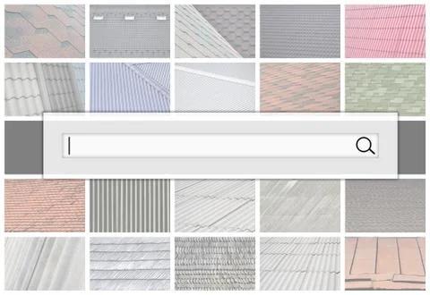 Visualization of the search bar on the background of a collage of many pictur Stock Photos