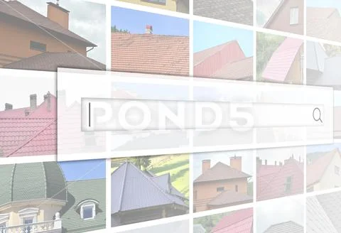 Visualization of the search bar on the background of a collage of many pictur Stock Photos