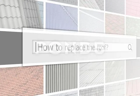 Visualization of the search bar on the background of a collage of many pictur Stock Photos