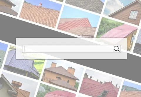 Visualization of the search bar on the background of a collage of many pictur Stock Photos