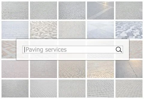 Visualization of the search bar on the background of a collage of many pictur Foto stock