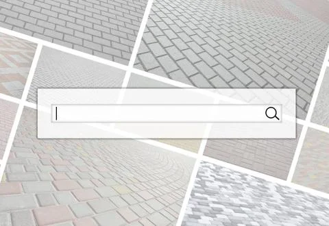Visualization of the search bar on the background of a collage of many pictur Stock Photos
