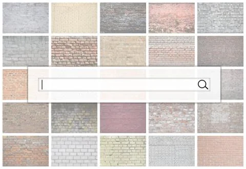 Visualization of the search bar on the background of a collage of many pictur Stock Photos