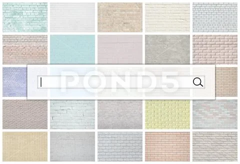 Visualization of the search bar on the background of a collage of many pictur Stock Photos