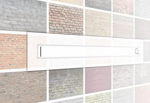 Visualization of the search bar on the background of a collage of many pictur Stock Photos