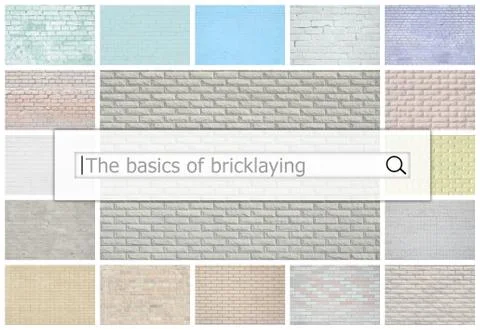 Visualization of the search bar on the background of a collage of many pictur Stock Photos