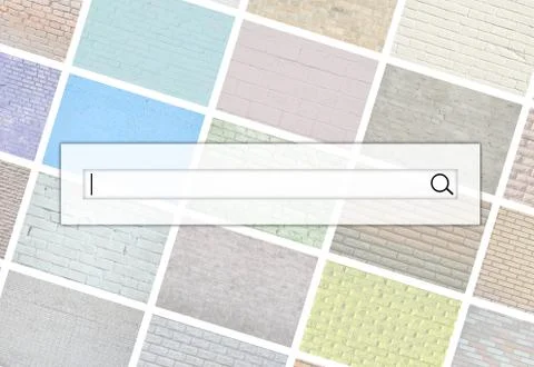 Visualization of the search bar on the background of a collage of many pictur Stock Photos