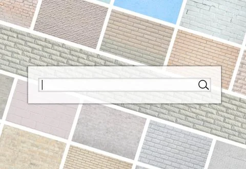 Visualization of the search bar on the background of a collage of many pictur Stock Photos