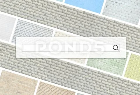 Visualization of the search bar on the background of a collage of many pictur Stock Photos