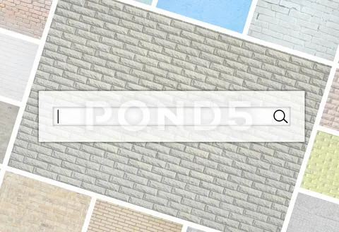 Visualization of the search bar on the background of a collage of many pictur Stock Photos