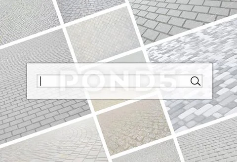Visualization of the search bar on the background of a collage of many pictur Stock Photos