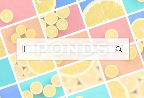 Visualization of the search bar on the background of a collage of many pictur Stock Photos