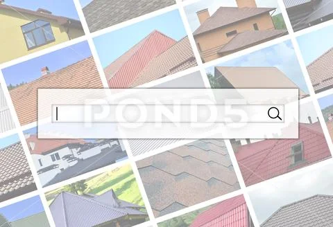 Visualization of the search bar on the background of a collage of many pictur Stock Photos