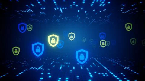 Visualization of secure firewall network with floating shield icons ensuring Stock Illustration