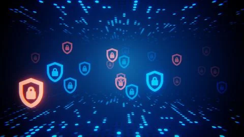 Visualization of secure firewall network with floating shield icons ensuring Stock Illustration