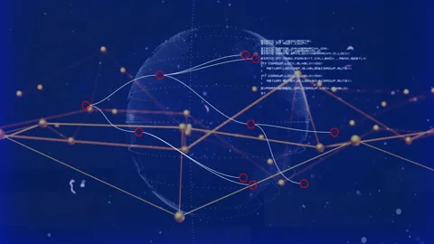 Visualization showing dotted globe with glowing network lines and floating code Stock Footage 307462002