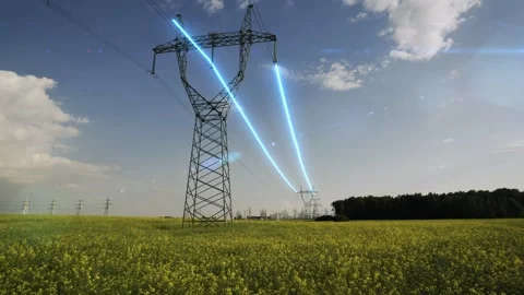 Visualization of the transmission of electricity through high-voltage wires. Stock Footage 324624553