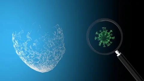 Visualization of virus under magnifying glass over abstract background. Illustrazione stock
