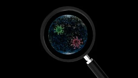 Visualization of virus under magnifying glass over abstract background. Illustrazione stock
