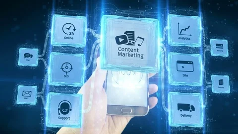 Visualize content marketing use from mobile devices scheme concept. Black Stock Footage 76651413