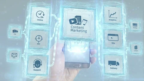 Visualize content marketing use from mobile devices scheme concept. White Stock Footage 76651552