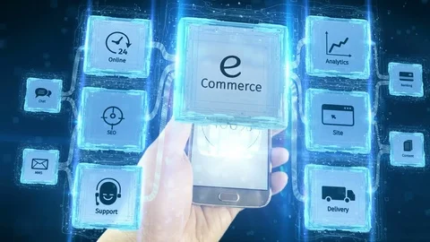 Visualize e-commerce business electronic use with mobile devices, scheme concept Stock Footage 76651807