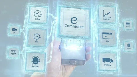 Visualize e-commerce business electronic use with mobile devices, scheme concept Stock Footage 76652020